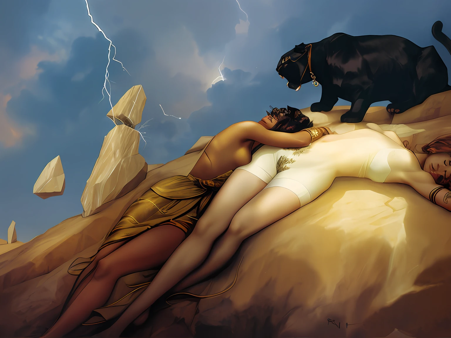 Two women and a panther lay on stone,Lightning smashed the rocks,