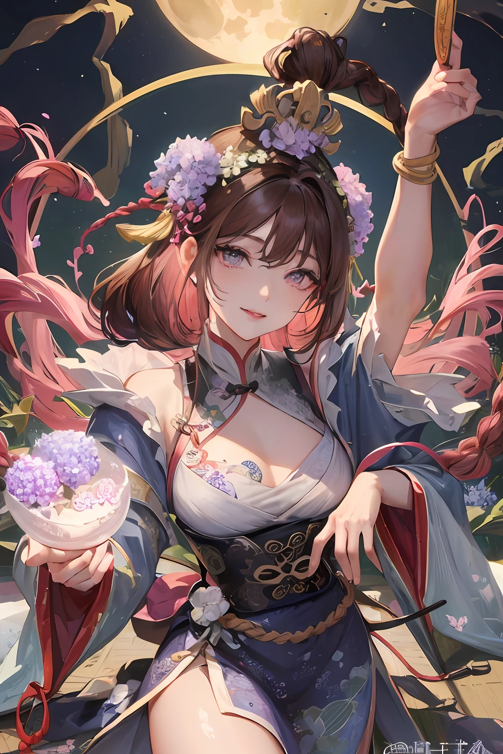 Masterpiece, best quality, night, full moon, 1 girl, mature woman, Chinese style, ancient China, elder sister, imperial sister, smile, brown hair, princess cut, single Fried Dough Twists braid, coiled hair, double ball head, light pink lips, calm, intellectual, middle hair, green pupil, hairpin, hydrangea,