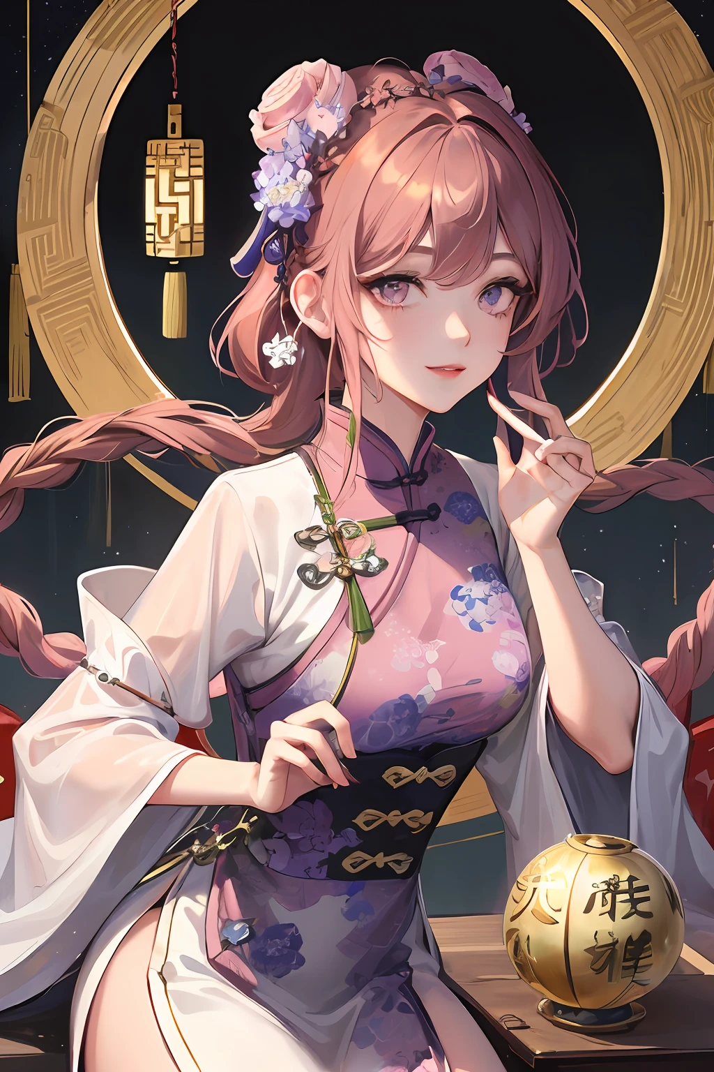 Masterpiece, best quality, night, full moon, 1 girl, mature woman, Chinese style, ancient China, elder sister, imperial sister, smile, brown hair, princess cut, single Fried Dough Twists braid, coiled hair, double ball head, light pink lips, calm, intellectual, middle hair, green pupil, hairpin, hydrangea,