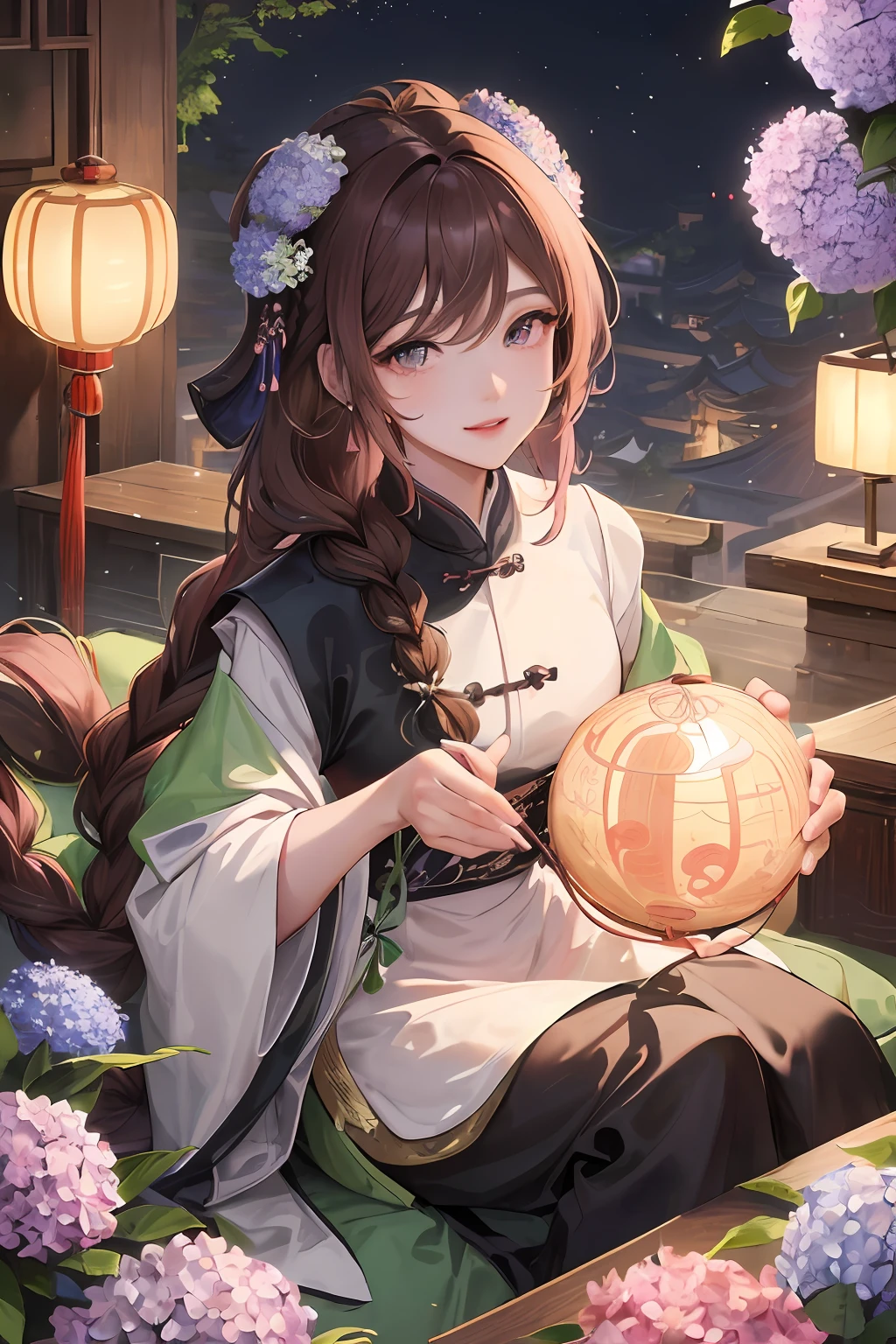 Masterpiece, best quality, night, full moon, 1 girl, mature woman, Chinese style, ancient China, elder sister, imperial sister, smile, brown hair, princess cut, single Fried Dough Twists braid, coiled hair, double ball head, light pink lips, calm, intellectual, middle hair, green pupil, hairpin, hydrangea,