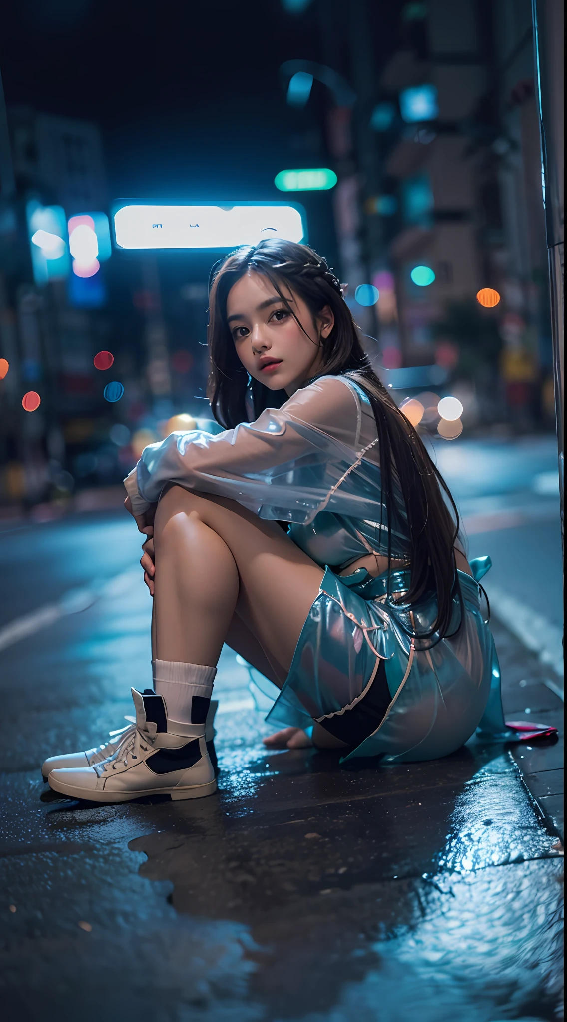 1 Brunette girl with long braided hair,roupa de colegial transparente, ((roupa molhada)), crouched on the ground , camera angle from bottom to top,corpo molhado,em uma cidade a noite neon,((foto 8k detalhado))