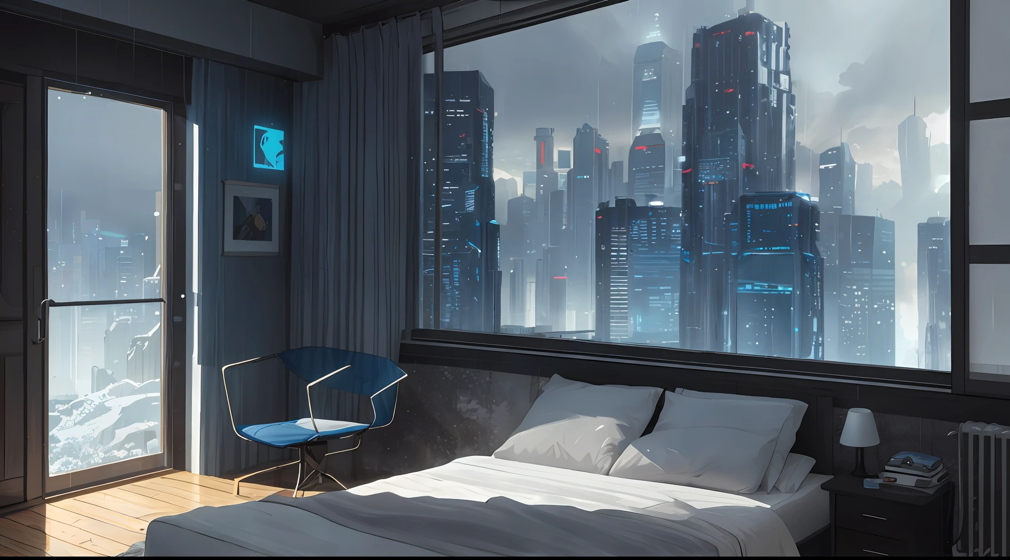 Gorgeous sci-fi matte painting for John Harris' bedroom, Sparta and Greg Rutkowski. sharp edges, Camera Straight, Tiffany blue, Small bedroom, Teenage room, A small room, computer, dark gray, gray-blue.. Sci-fi bedroom , outside the windows of the Cyberpunk cityscape, Cyberpunk room, Sundown, rain outside the window, Fog effect outside the window, gloomily. Ultra-clear detailed, 3D, октановый рендеринг 8K