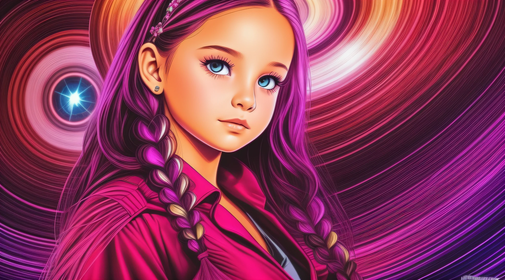 Girl child 10 years old, Russian ruivas in braids, com roupa de jaqueta de couro vermelha, Estilo retrato, fundo preto e vermelho, uma bola de disco prateada com um reflexo de espelho sobre ela, bola de discoteca, bola de discoteca no fundo, prata brilhante.