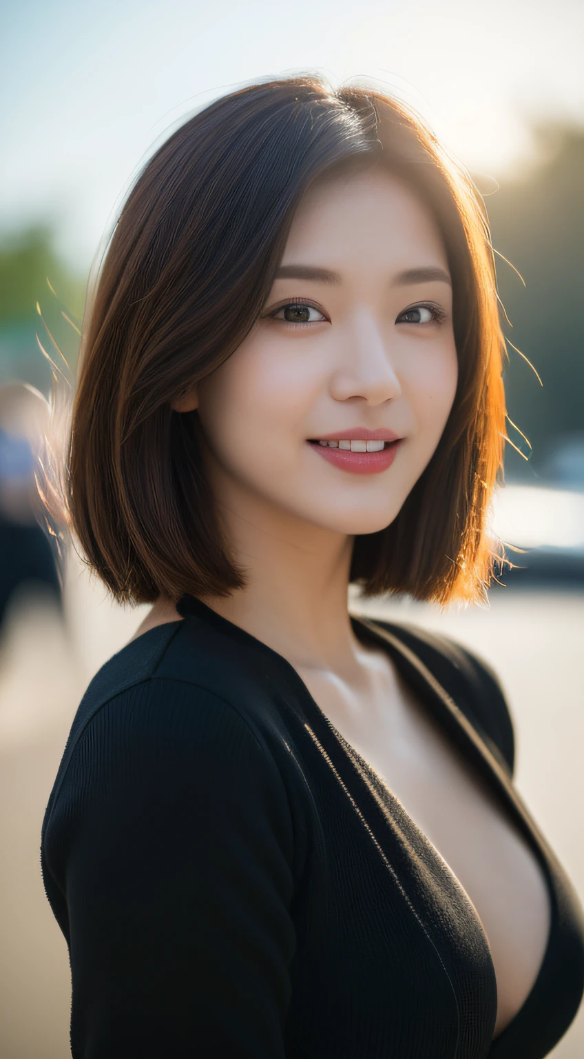 (((Black Widow Costume)))、Petite woman with brown hair, 25 years old、goddes、bloom、lensflare、(8K、raw、proffesional、top-quality、masterpiece:1.2)、(realisitic、Photorealsitic:1.37)、ultra-detailliert、(25mm portrait front view)、(Highest Details Skins:1.2)、(Supreme Detail Face:1.2)、Cinematographic lighting、1womanl、japanes、Short-cut brown hair、(Windy)、Walking on a street corner、Warm white light、An embarrassed smile、shot from front、((top-quality、8K、masterpiece:1.3))、Beautiful woman with perfect figure:1.4、Slender Abs:1.3、((dark brown hair、Colossal tits:1.2))、Highly detailed facial and skin texture、A detailed eye、二重まぶた、Have a controller、Riding a motorcycle、The background is a high-tech lighting scene of a futuristic city。