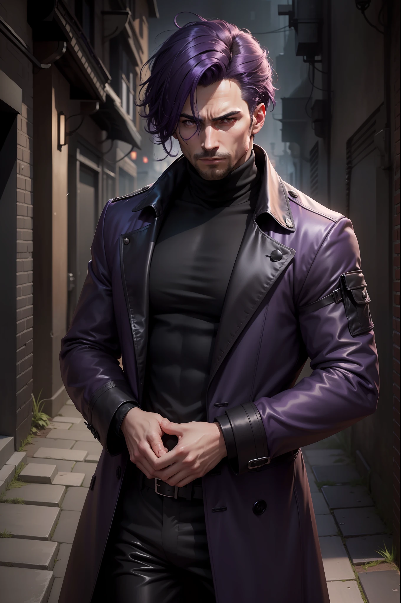 The animations are rich in detail。Medium distribution type，Dark purple hair，male people，individual，40 years old，Wearing a turtleneck black trench coat，Rigorous look，Place your hands in the trench coat pockets，This is a high-quality 8K masterpiece, fantasy，Dark alley background