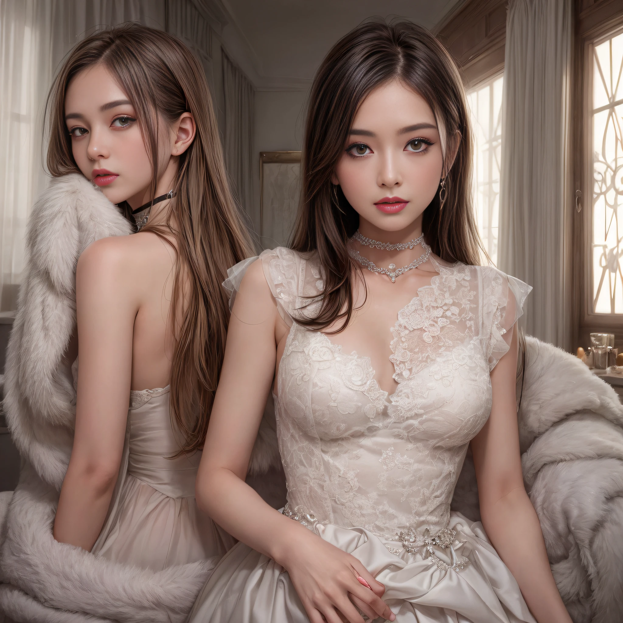 best qualtiy, tmasterpiece, A high resolution, 1girll,hair adornments,choker necklace,jewely,beauitful face,Posterior body,Tyndall effect,realisticlying,edge lit,twotonelighting,(highdetailskin:1.2),8k ultra high definition,digital SLR camera,gentle illumination,high high quality,Volumetriclighting,Ferret fur coat, Exposed breasts, Deep marriage room