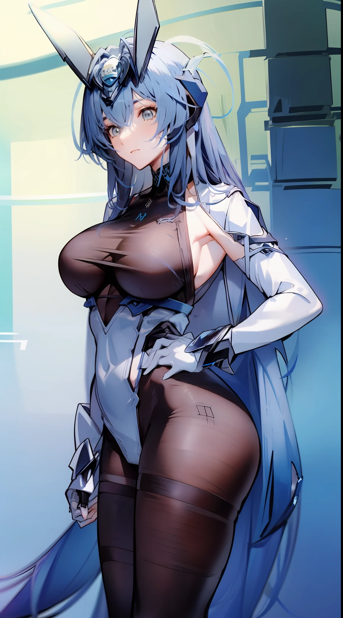 blue long hair，Sexy tights，Black over-elbow gloves，black pantyhoses，white long boots