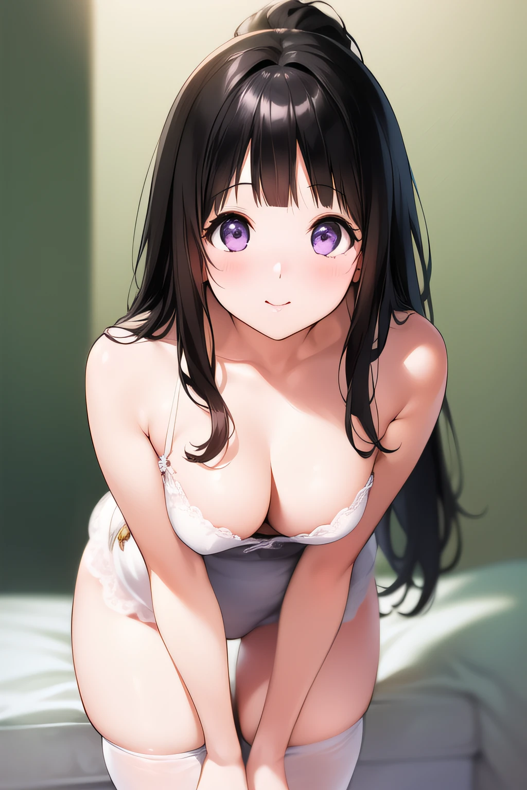 A superb exquisite Chitanda Eru, purple eyes, black long hair, ponytail, straight bangs, (Small_breasts: large_breasts: 0.4), (solo),  ((ripping stockings)), eyeglasses, ((blush)), timid smile, extremely delicate, straight facial features, peerless beautiful girl, soft, (kawaii), dreamy quality, light white and dark brown, exaggerated facial features, solid color, delicate face, bright lips slightly open, slender waist, soft curves, real light and shadow, super fine, 4k, natural moving, Ultra high resolution, (masterpiece:1.2, best quality), (finely detailed beautiful eyes: 1.2), (beautiful detailed face)