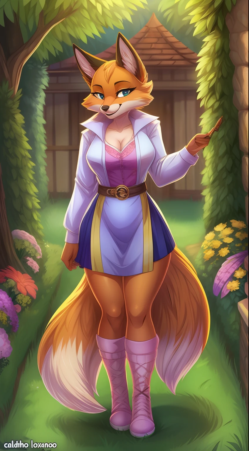 Antrho, fox, female, solo, pelo laranja, cabelo loiro longo, peitos medios, bunda media, coxas curvadas, usando roupa de noiva transparente, calcinha e sutia branca rendada, meias altas, segurando buque de flores, olhando sobre o ombro, sorriso envergonhado, fundo jardim florido, cauda deve ser mostrada