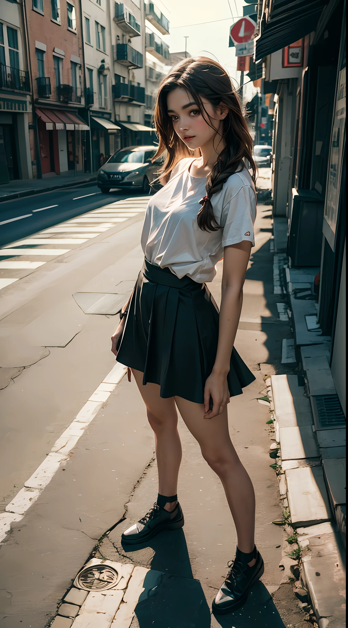 1 Brunette girl with long braided hair,roupa de colegial curta transparente, ((roupa molhada)), crouched on the ground (clima de chuva), camera angle from bottom to top,corpo molhado,em uma cidade a noite neon,((foto 8k detalhado))