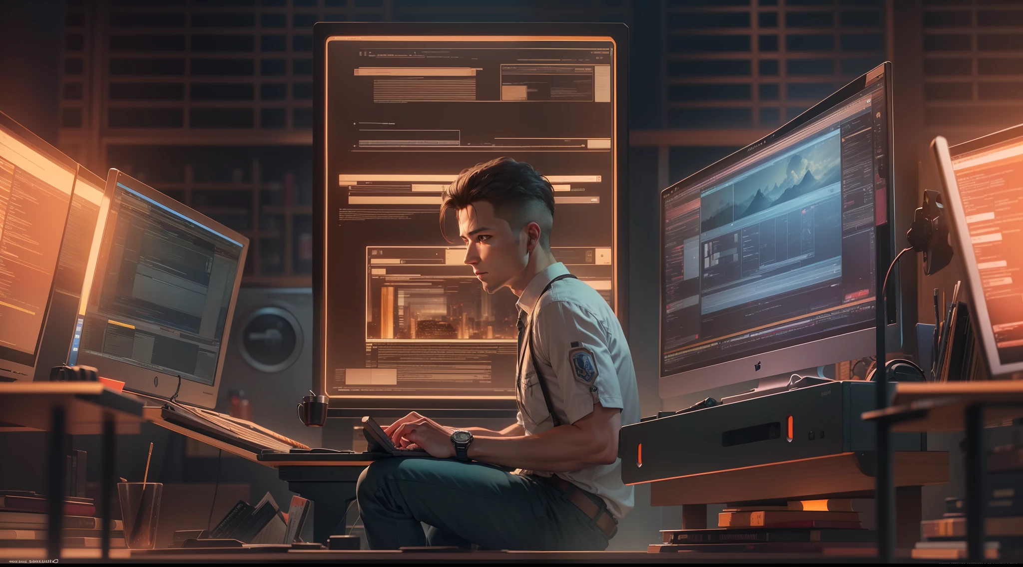 A smart guy is using a technological computer for searching some information, which is very important to solving a sensible case, Photo Shoot, SSAHC, Photorealism, 8K Masterpiece, Hyper Realistic, Realistic Intricate Details, Finely Detailed Texture and Ambient Lighting, Glowing Illumination, 2d anime style