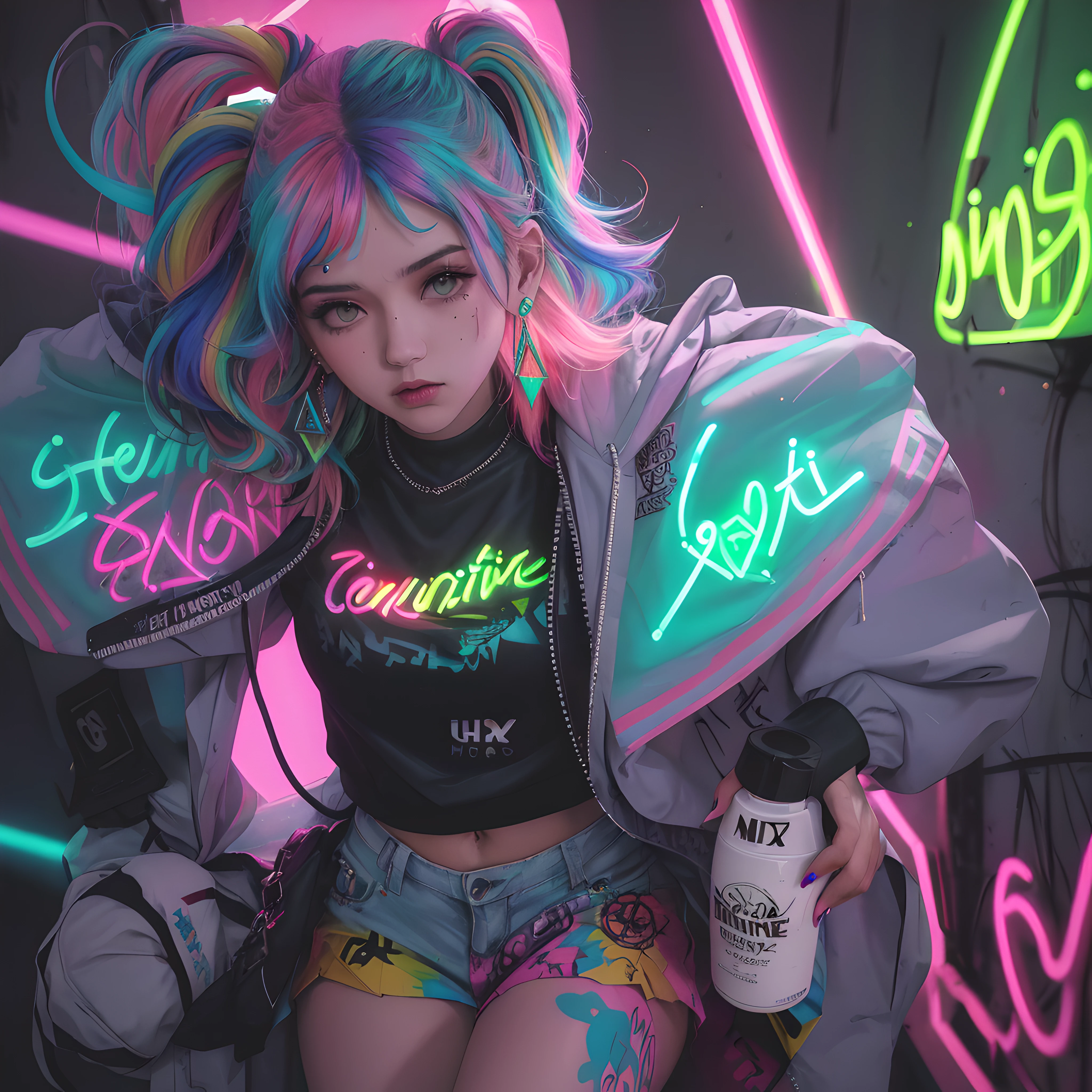 (best quality, master part, Foto RAW, ultra-detalhado:1.1) , (ST41nedg:1.1), (vitral) , (grafity_Estilo:1.1), (multicolorido:1.2), (cabelos multicoloridos), retrato, 1girl, very short + Cabelos lisos, multiple earrings, brincos de caveira, (Gargantilha, gargantilha de corrente), vento, (grafite letras grandes, Graffiti English lyrics:1.1), (grafite girando em torno do personagem:0.6), (grafite no personagem:1.3), (salpicos de spray:1.2), (neon light:1.3), neon sign, UHD, HDR, 8k, (master part:1.5), (best quality:1.5),