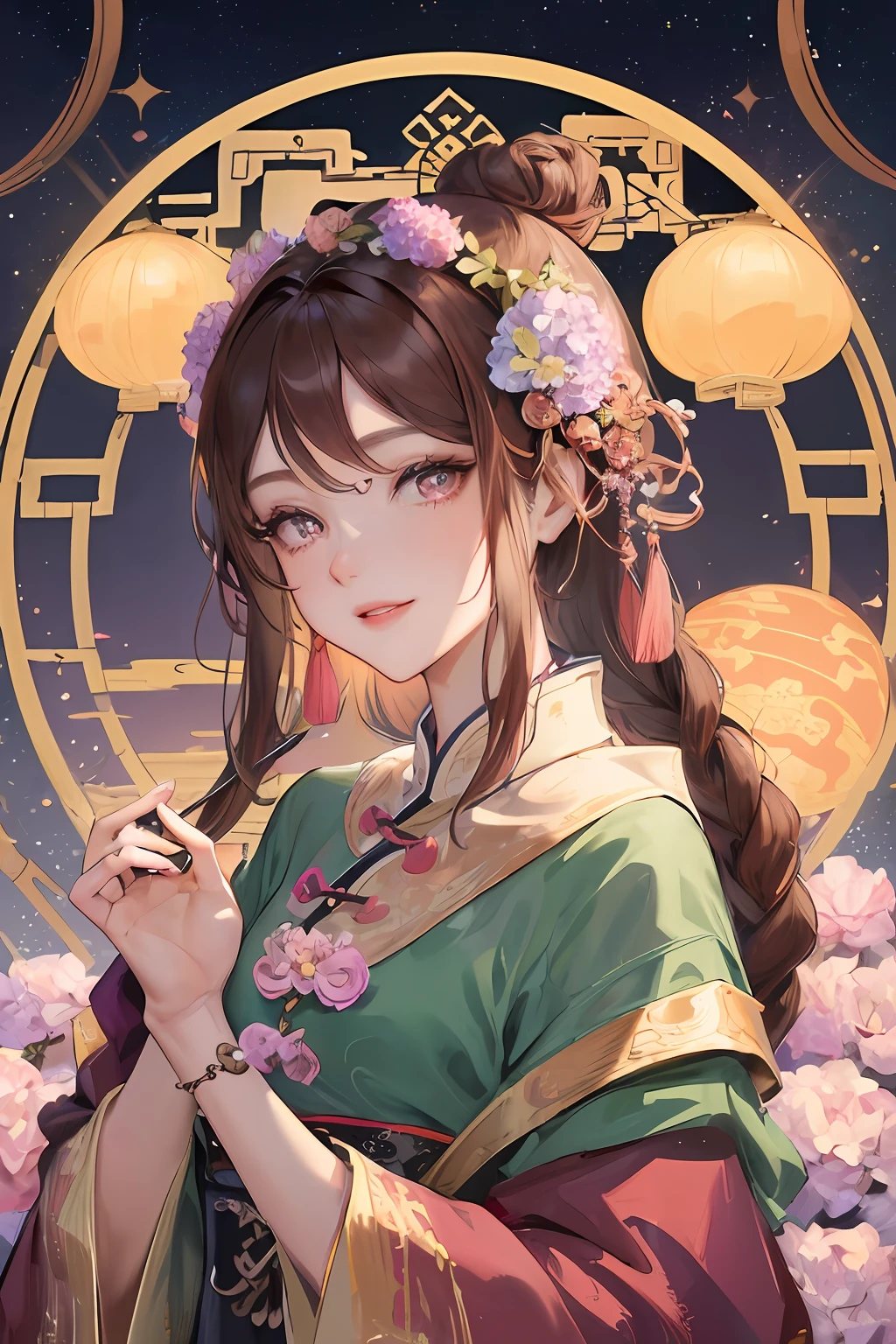 Masterpiece, best quality, night, full moon, 1 girl, mature woman, Chinese style, ancient China, elder sister, imperial sister, smile, brown hair, princess cut, single Fried Dough Twists braid, coiled hair, double ball head, light pink lips, calm, intellectual, middle hair, green pupil, hairpin, hydrangea,
