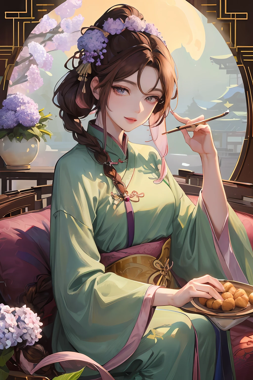 Masterpiece, best quality, night, full moon, 1 girl, mature woman, Chinese style, ancient China, elder sister, imperial sister, smile, brown hair, princess cut, single Fried Dough Twists braid, coiled hair, double ball head, light pink lips, calm, intellectual, middle hair, green pupil, hairpin, hydrangea,