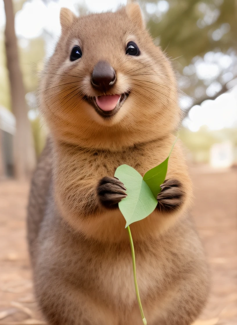 There is a small animal that is holding a leaf in its hand, Quokka, Retrato de um Quokka Feliz, with a happy expression, happily smiling at the camera, 🐿🍸🍋, Fazer um lanche, Australiano, smiling at camera, smiling at camera, smiling at camera, Divertido, A criatura mais fofa do mundo, smug look