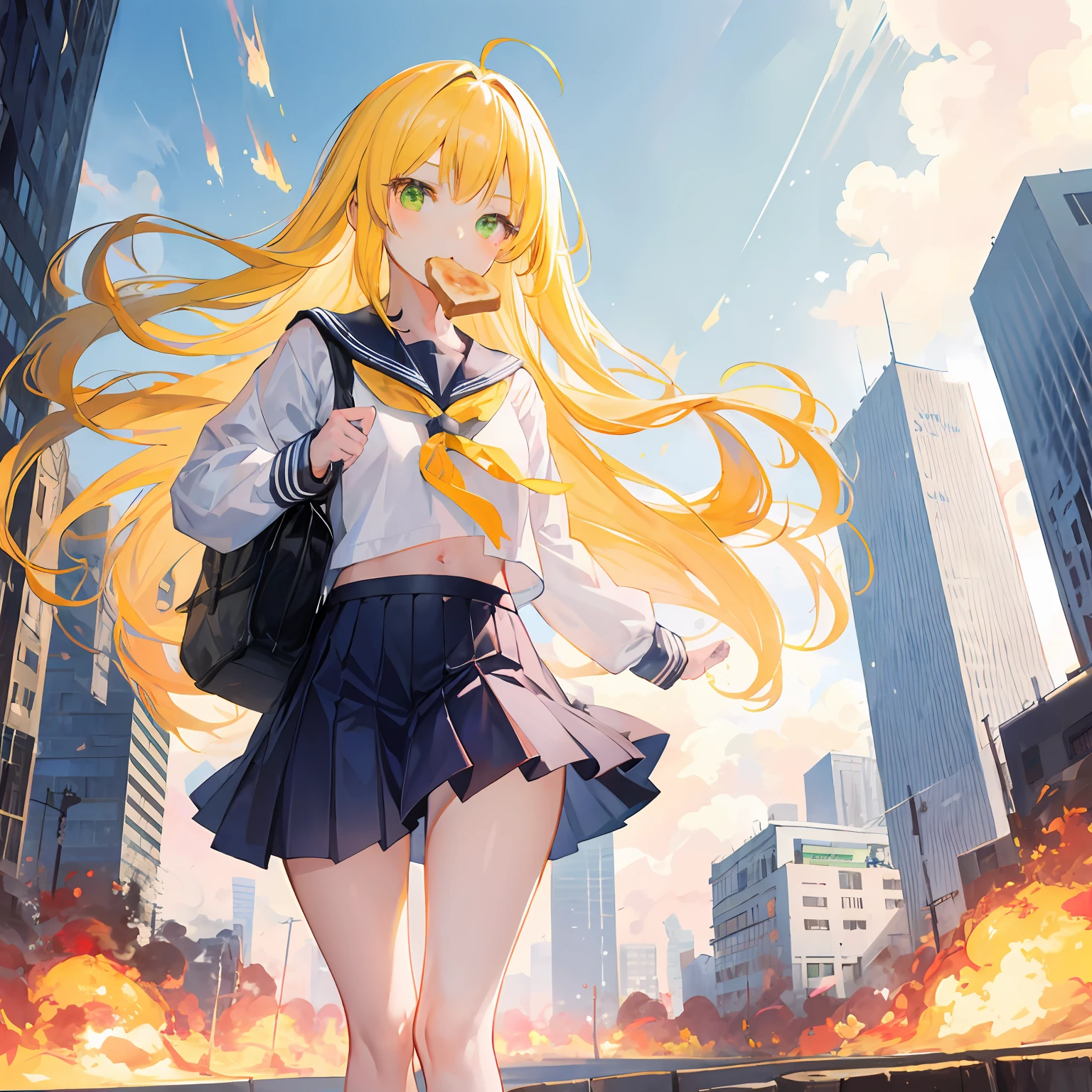 from below,1girl,run,Yellow hair,long hair,hessy hair,green eyes,serafuku,toast in mouth,skyscraper,explosion