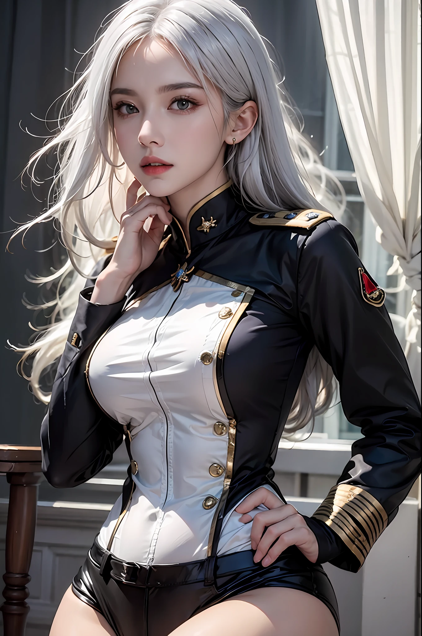 photorealistic, high resolution, soft lights, 1women, solo, hips up, look at viewer, (detailed face), white hair, long hair, military uniform, jewelry