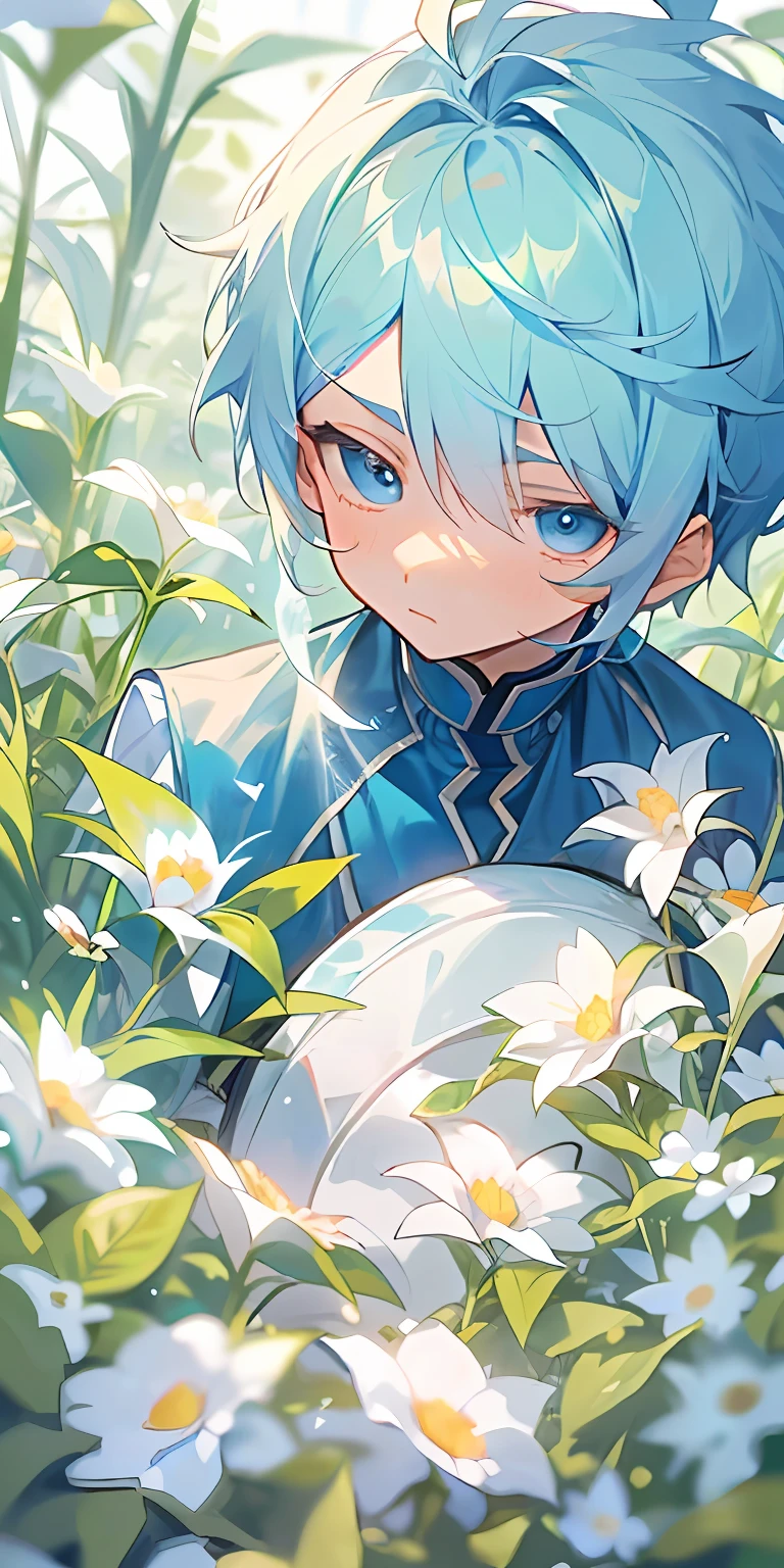 (tmasterpiece,best qualtiy),A boy with short ice-blue hair looks about 16 years old,Has fair skin,He sits in a field of greenery and flowers,His hands were under his chin,warmly lit,White shirt,He has ice-blue eyes,Temperament is cold,A delicate face that makes you can't take your eyes off