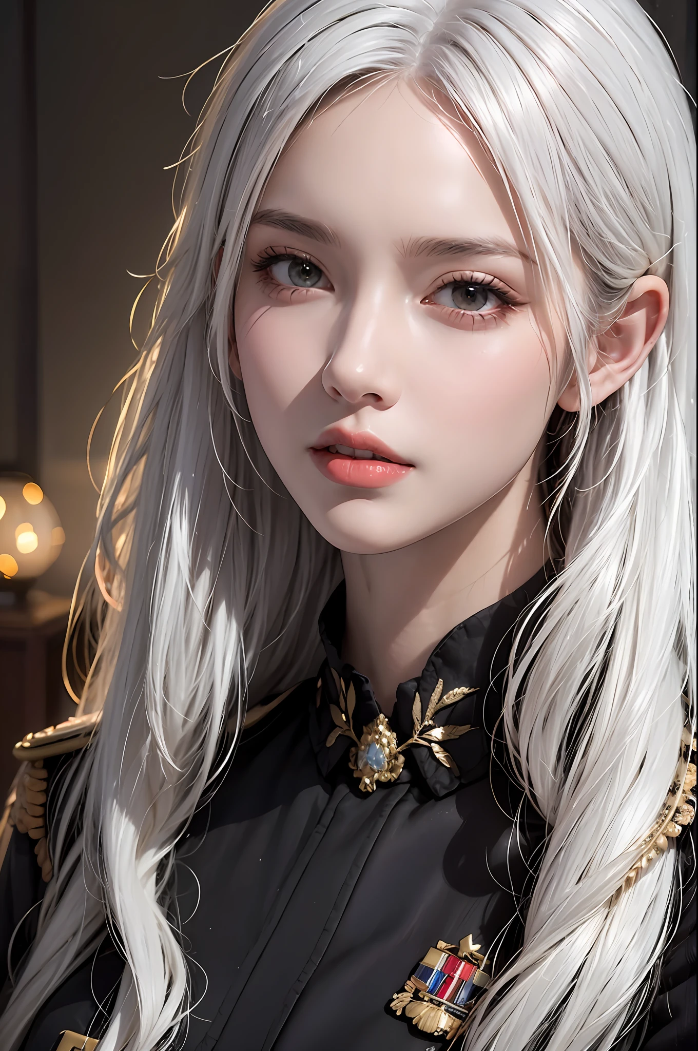 photorealistic, high resolution, soft lights, 1women, solo, hips up, look at viewer, (detailed face), white hair, long hair, military uniform, jewelry