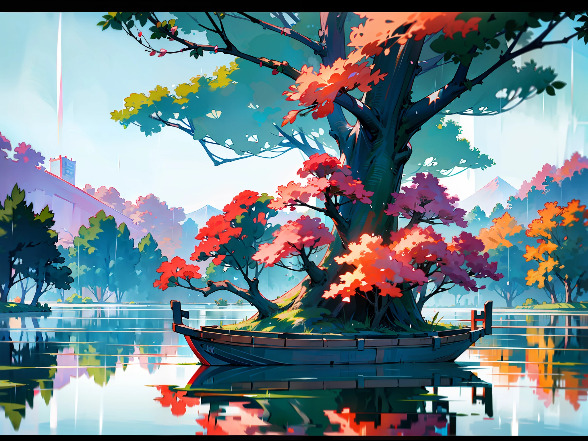 springtime，Spring has sprung，Grandiose scenes，Gangnam scenery，Flowers red willow green，Turquoise Lake（Turquoise lake），West Lake view，Boats decorated with colorful canopies（colorful），Drizzle，rain，mist，Lakeside trees（Vivid green），Faraway view，a sense of atmosphere，China-style，Chinese style architecture，vibrant with colors，Rule of thirds composition，Highest image quality