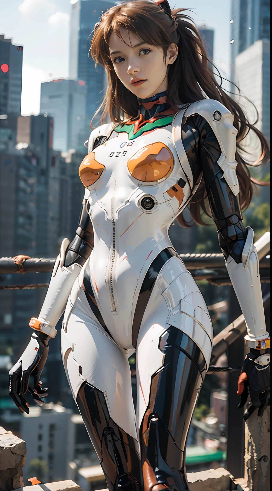 (realistic: 1.3) (original: 1.2), masterpiece, best quality, (((beautiful clean face))), fullbody, ((robot girl, mecha)), broken armor, mechanical halo, mechanical arms, white hair, long hair, ceramic body, thigh gap, small breast, cyber background, extreme detailed city, EVA 02,Souryuu Asuka Lanley，(translucent body, reflection skin), 8k, best quality, ultra detailed, (hyperrealistic:1.4),