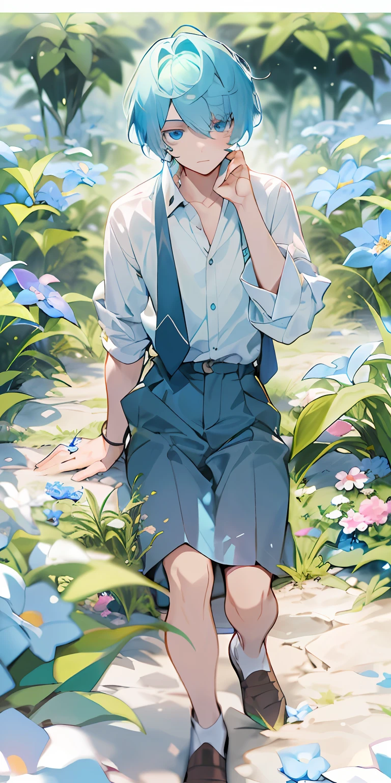 (tmasterpiece,best qualtiy),A boy with short ice-blue hair looks about 16 years old,Has fair skin,He sits in a field of greenery and flowers,His hands were under his chin,warmly lit,White shirt,He has ice-blue eyes,Temperament is cold,A delicate face that makes you can't take your eyes off