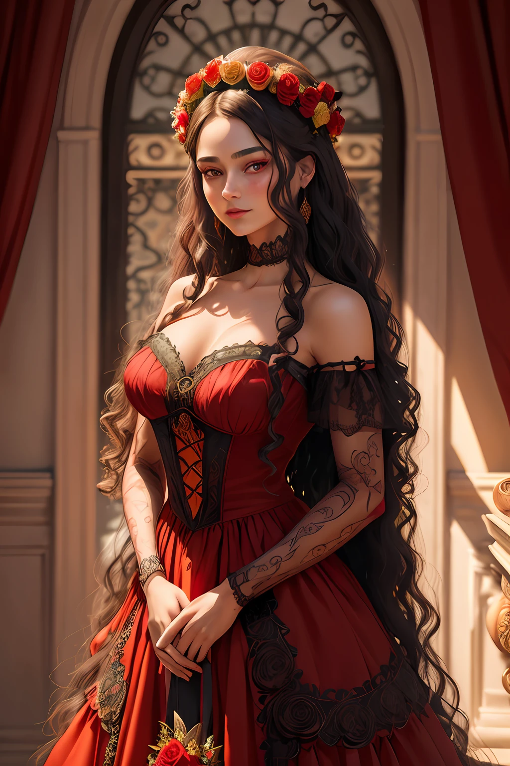 a pretty cute woman with curly long hair with colored makeup Dia de Muertos: posing in luxury castle, wreath of roses (on head:1.2), intricate detailed long (red dress:1.3) with black lace details, body portrait, 4k, 8k, (intricate details:1.12), hdr, (intricate details, hyperdetailed:1.15), (natural skin texture, hyperrealism, soft light, sharp:1.2)