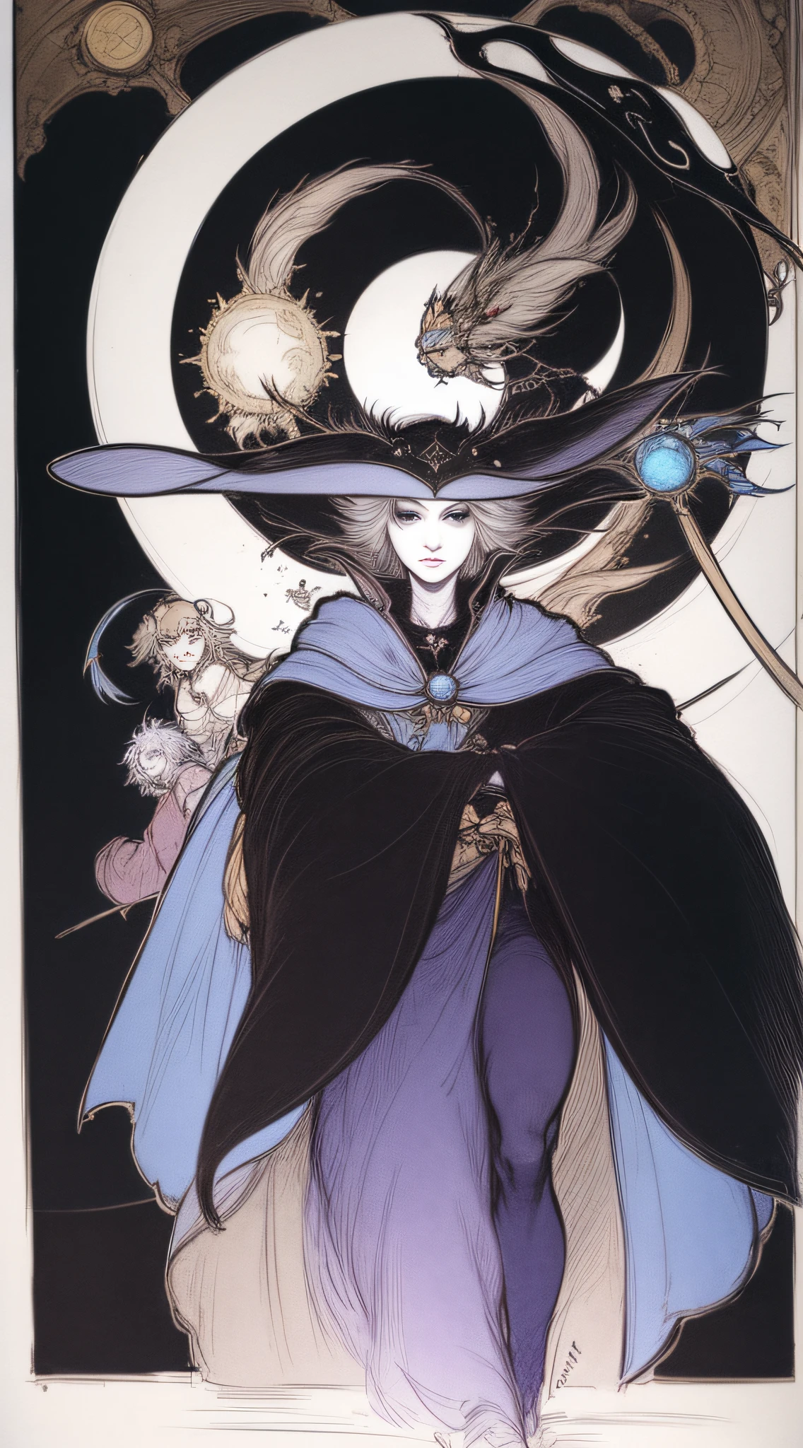 crows、(((Black Mage)))、White background、Clown clothes、line-drawing、pale color、Big Hat、Black cloak、Fantastical、Alfonse Mucha、de pele branca、Cladding、Rough sketch、coarser line、Painterly、Lively poses、Cladding、Delicate touch、fine lines、Equivocal faces、Sky City、Pencil drawing、Red Moon、Castle on the Moon、Luminous eyes、blue flames、wriggling the body、fullface、a sorceress、Jump up、Raise your hands up