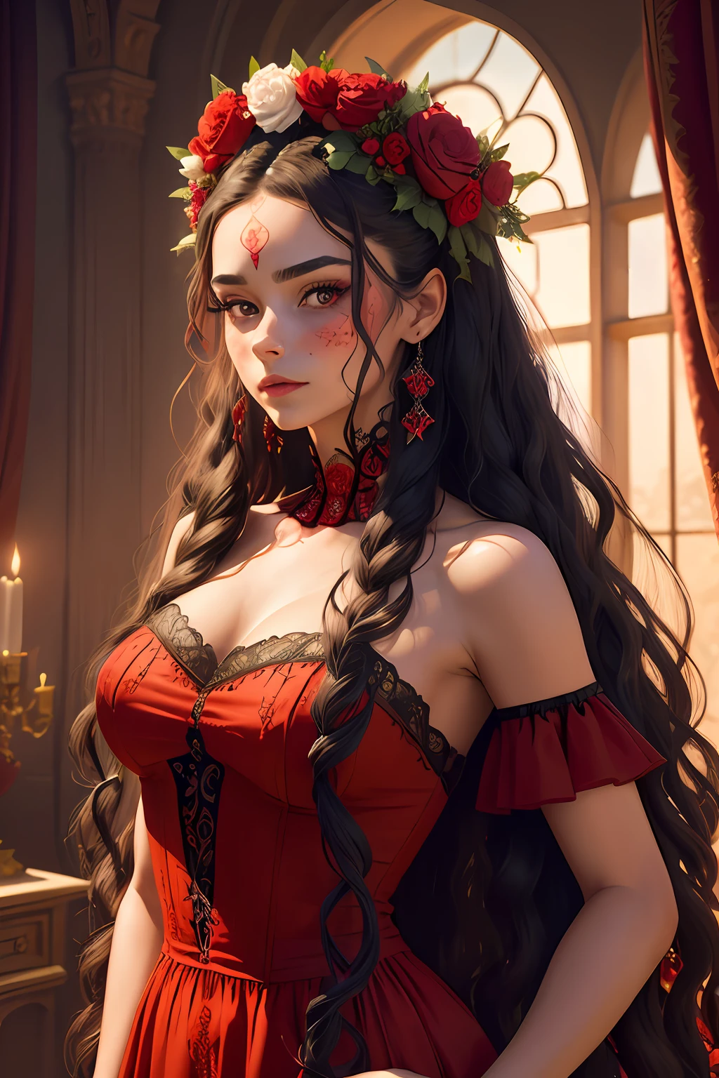 a pretty cute woman with curly long hair with colored makeup Dia de Muertos: posing in luxury castle, wreath of roses (on head:1.2), intricate detailed long (red dress:1.3) with black lace details, body portrait, 4k, 8k, (intricate details:1.12), hdr, (intricate details, hyperdetailed:1.15), (natural skin texture, hyperrealism, soft light, sharp:1.2)