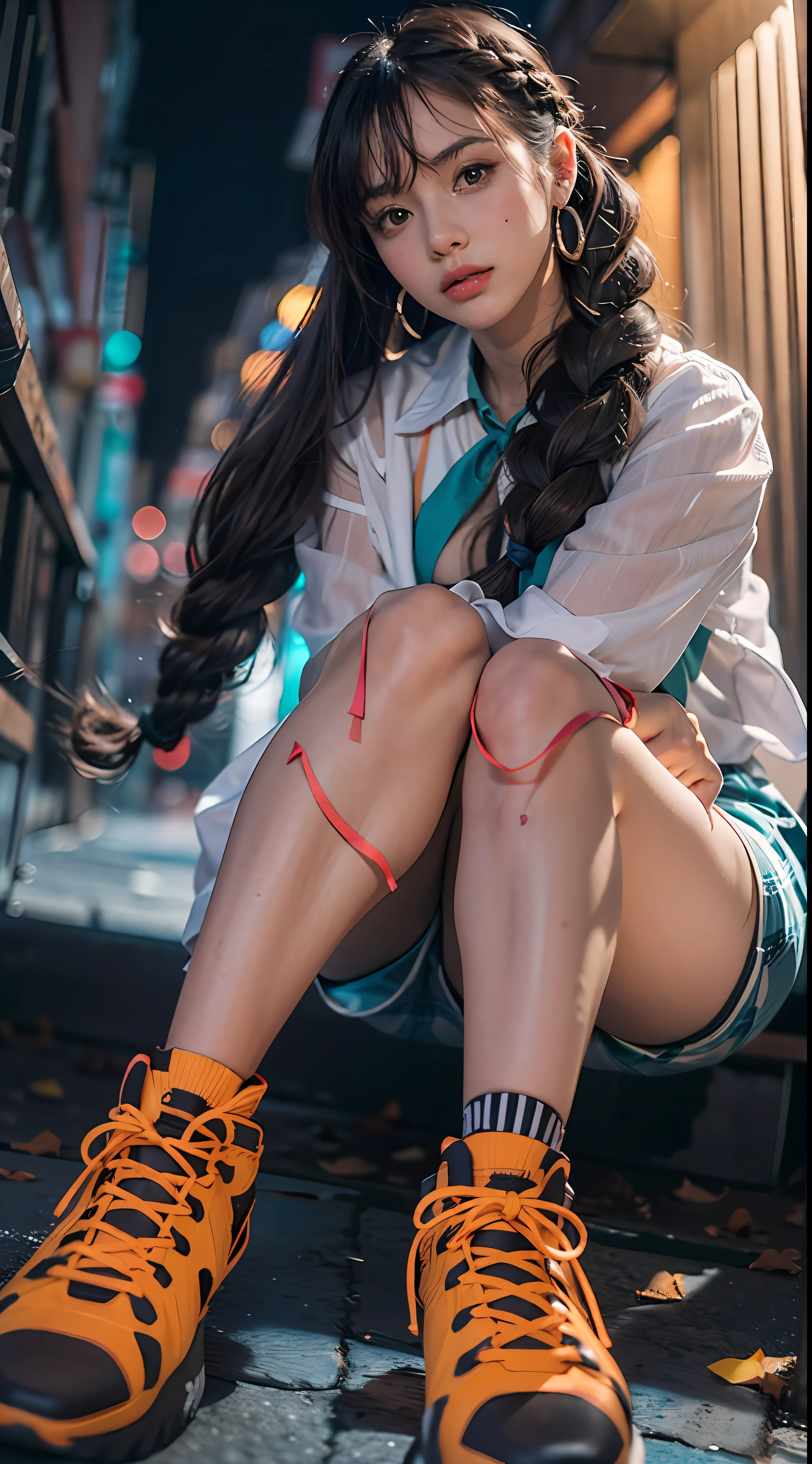 1 Brunette girl with long braided hair,roupa de colegial transparente, ((roupa molhada)), crouched on the ground , camera angle from bottom to top,corpo molhado,em uma cidade a noite neon,((foto 8k detalhado))