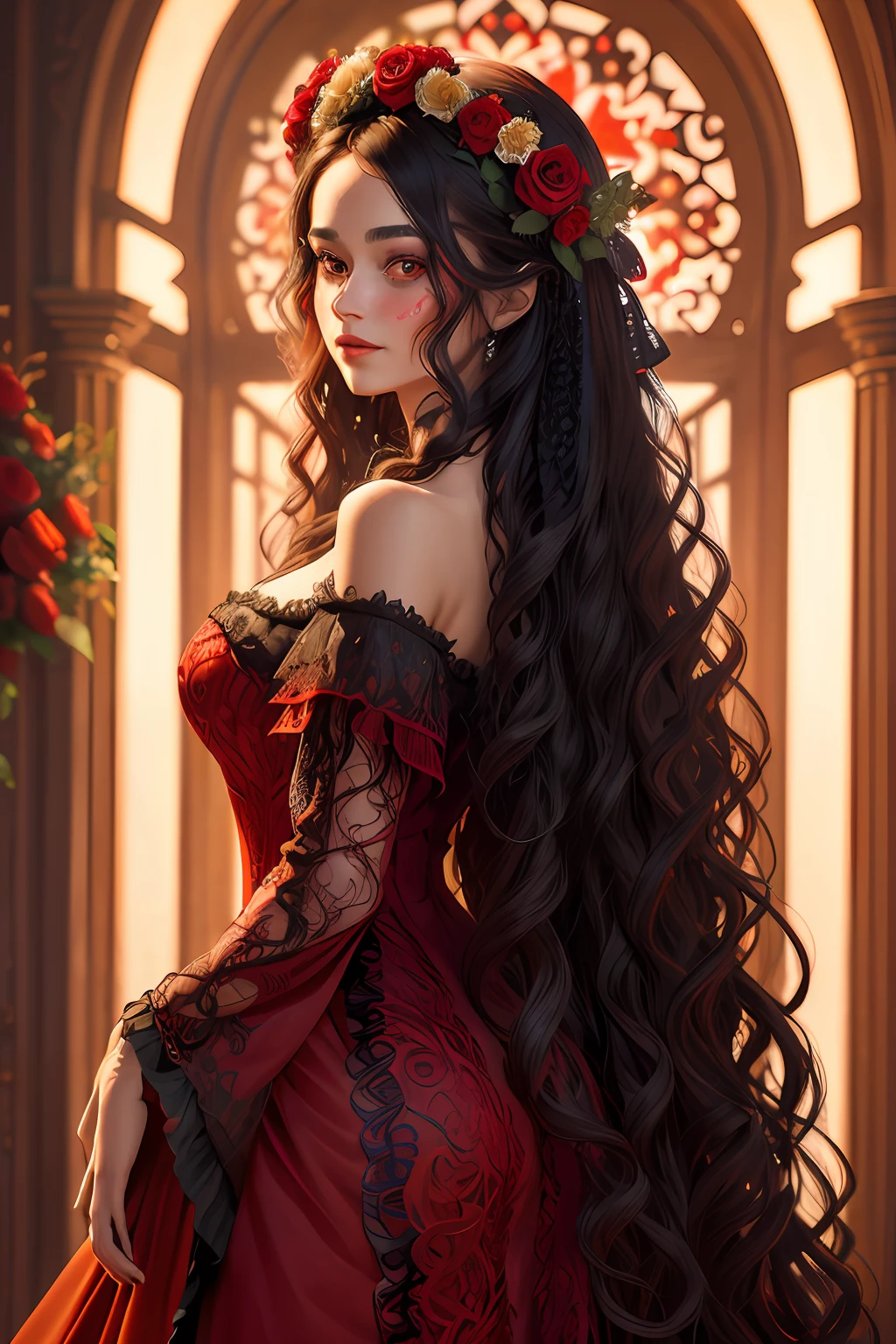 a pretty cute woman with curly long hair with colored makeup Dia de Muertos: posing in luxury castle, wreath of roses (on head:1.2), intricate detailed long (red dress:1.3) with black lace details, body portrait, 4k, 8k, (intricate details:1.12), hdr, (intricate details, hyperdetailed:1.15), (natural skin texture, hyperrealism, soft light, sharp:1.2)