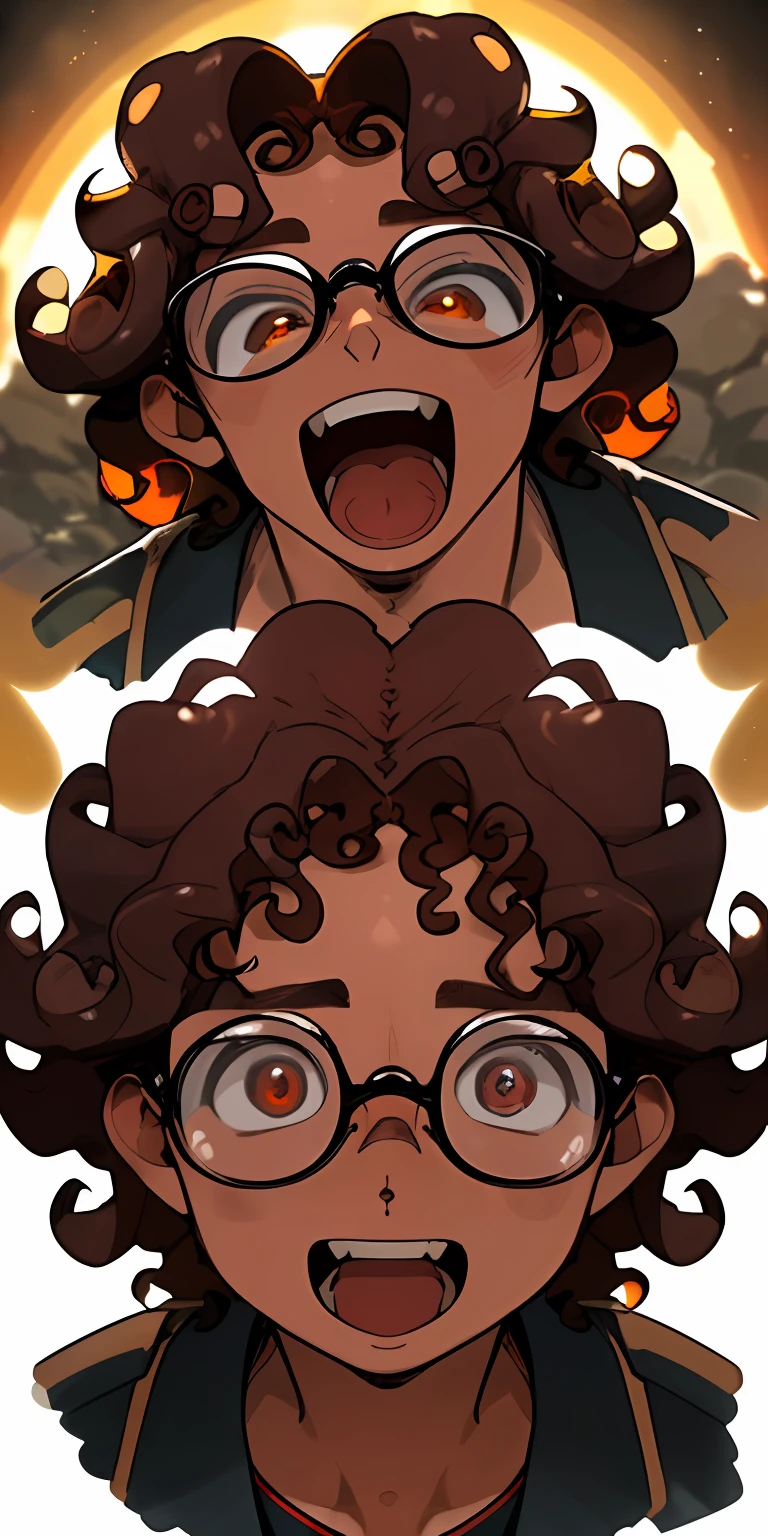 grading:seguro, glasses, sozinho, Foco masculino, 1st grade, curly hair, Olhando para o Viewer, rosto, sorrir, Uniforme escolar, olhos castanhos, tom de pele clara , High-quality rendering, detailed facial features, cores vibrantes, dynamic lighting