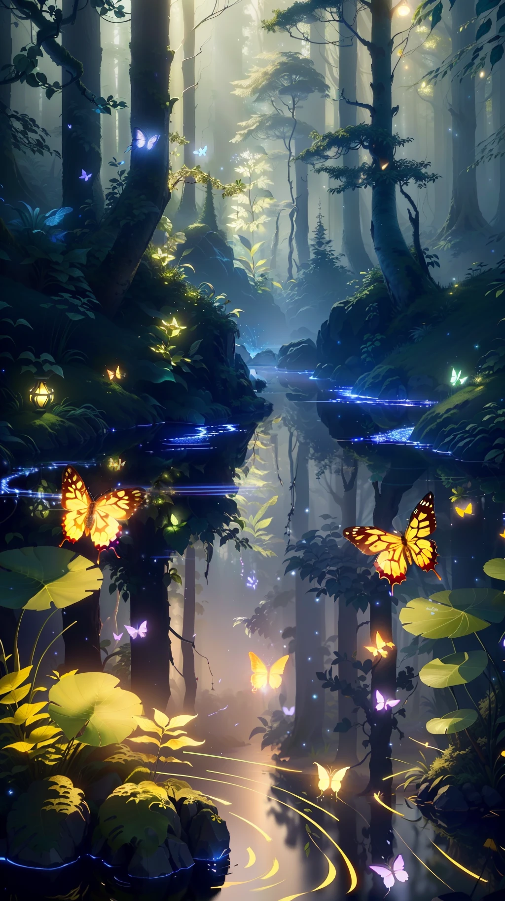 A masterpiece, the best quality, stunning reflections, the best reflections ever. (very detailed CG unity 8k wallpapers), (best quality), (best illustrations), (best shadows), forest theme with natural elements. Tall trees, quiet streams, small glowing mushrooms surrounded by delicate leaves and branches, with fireflies and glowing particle effects,, (natural elements), (jungle theme), (leaves), (twigs), (fireflies), butterflies, (delicate leaves), (glow), (particle effects). , Isometric 3D, Octane Rendering, Ray Traced, Super Detailed