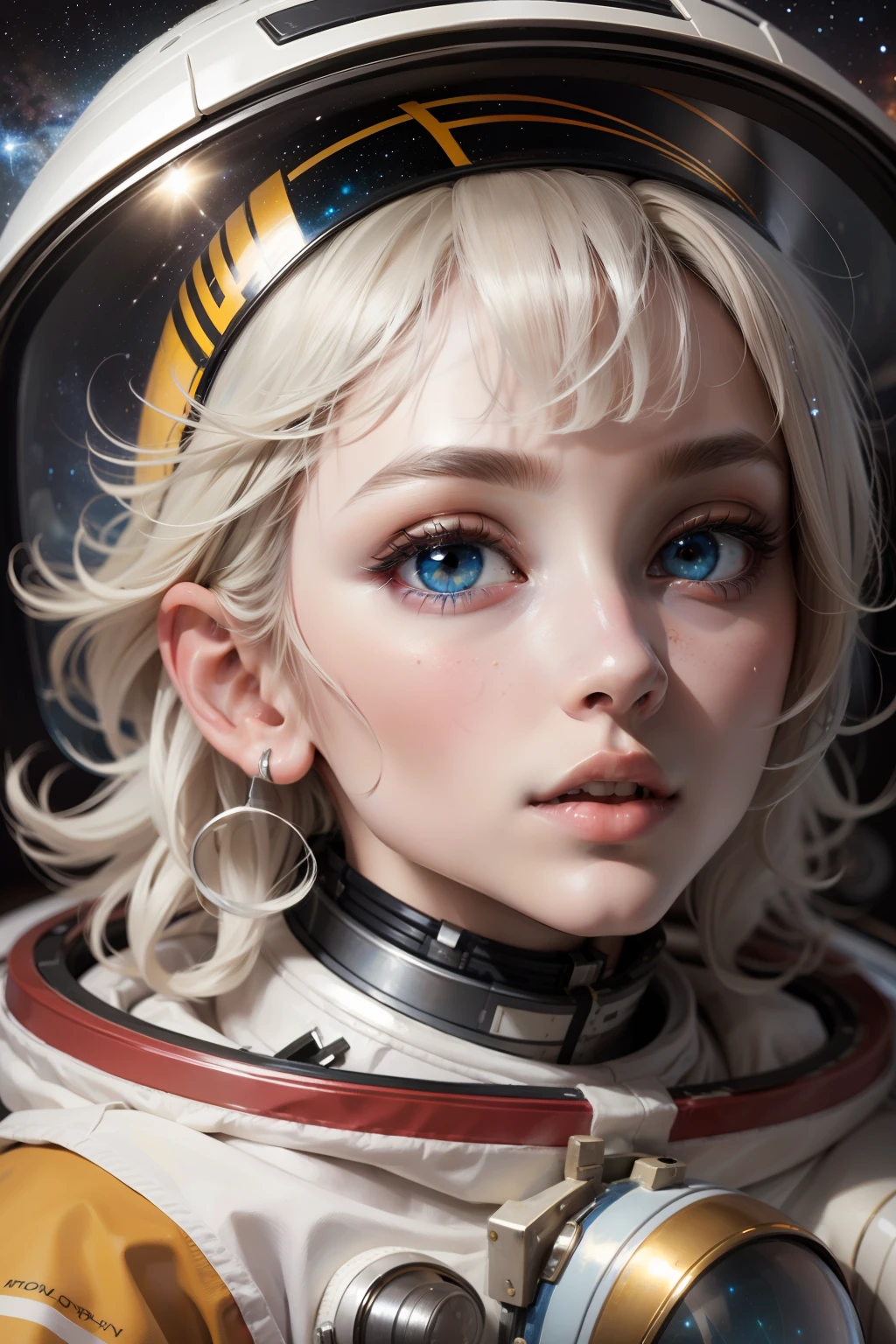 masterpiece, best quality, close-up, space, astronaut, silver hair, yellow eyes, messy hair, space helmet,colorful stars, radiant light, heterochromia, big lips, blue eyes