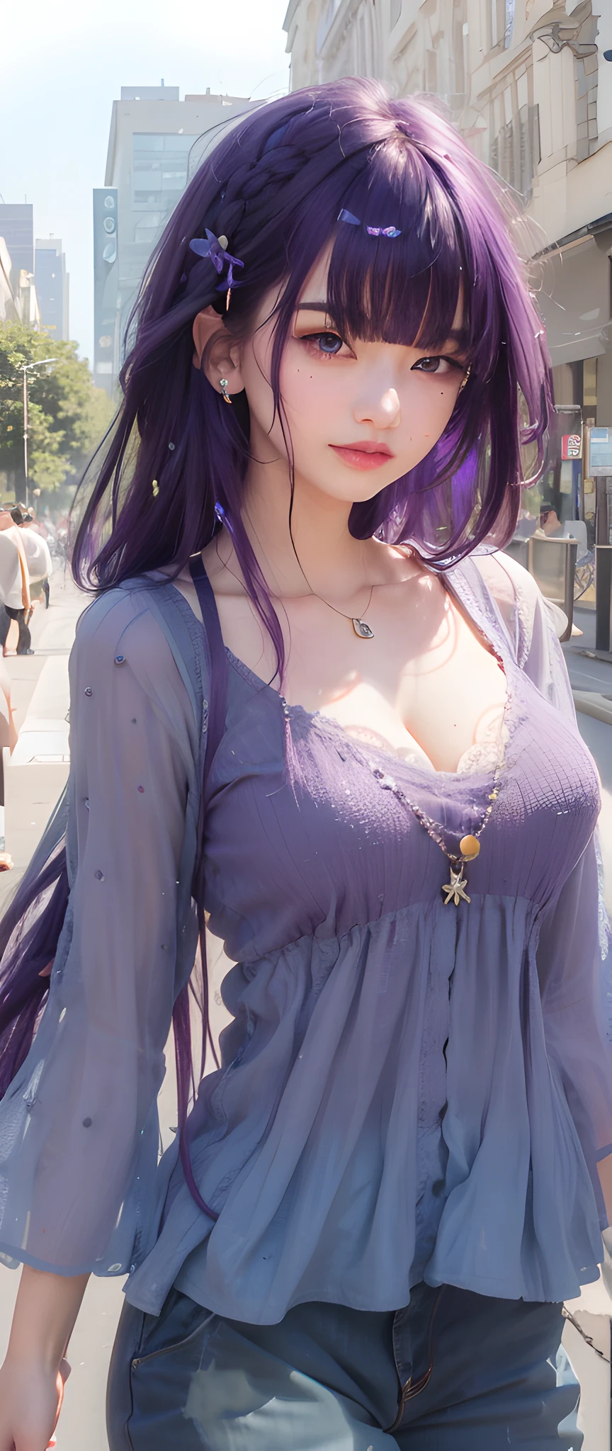 (photorealistic:1.4), best quality, masterpiece, ultra high res, 1girl, (detailed face:1.2), (detailed eyes:1.2), (detailed hair:1.2), (detailed clothes:1.2), 4k, (detailed color:1.2), (purple hair:1.2),