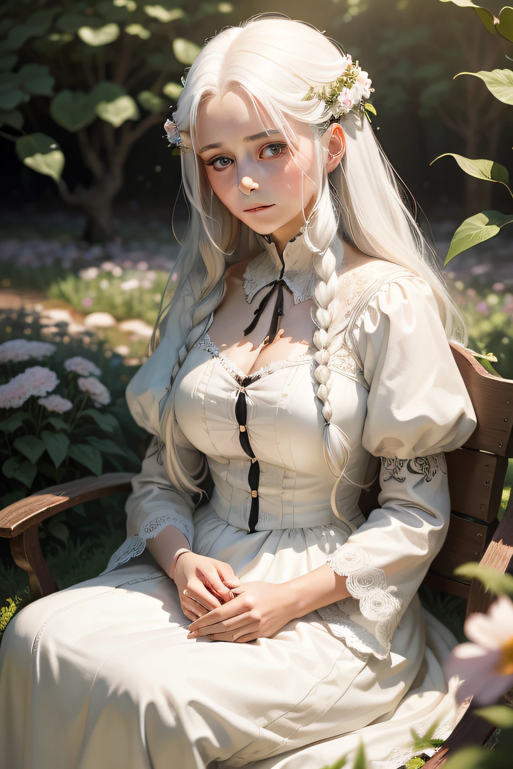 (tmasterpiece,best qualtiy),1 girl with long white hair sitting in a field of greenery and flowers,her hand under her chin,warmly lit,white dresses,No bra,Blurred foreground