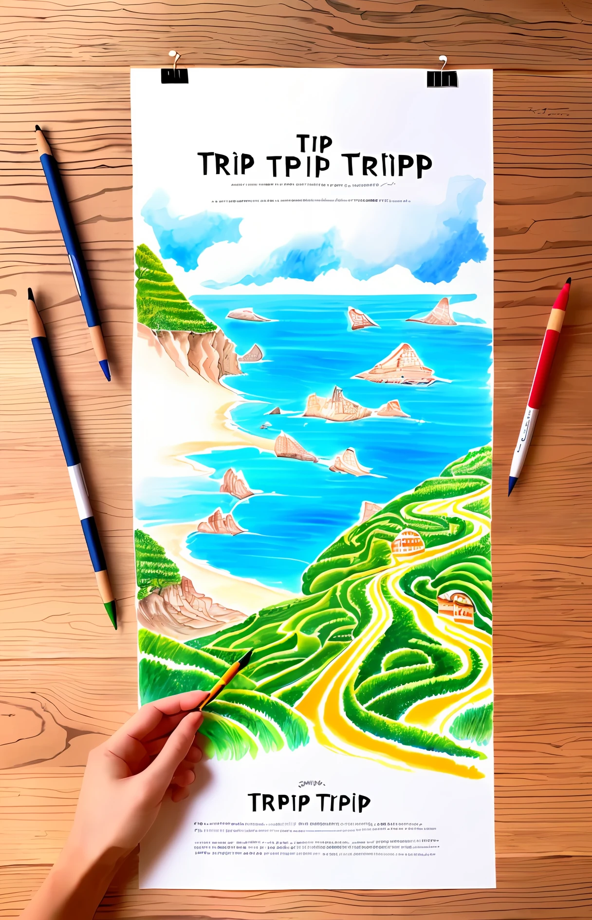 Hand draw a poster of a trip,Must be presented in English in the poster,