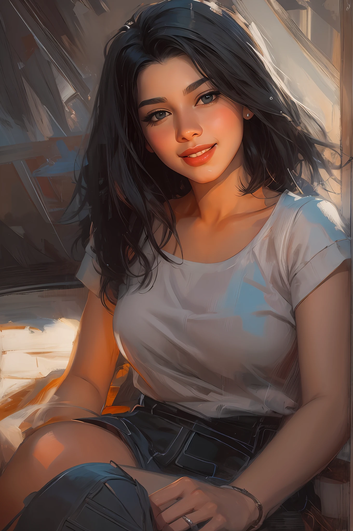 taking selfies, High-quality detailed image of a beautiful girl: (Mestizo: Lineament, Hindi: 0.2 : Egyptian: 0.3 : Darna: 0.25 : Selena Quintanilla Perez: 0.25) : pale skin, ((Asymmetrical haircut)), High facial detail : Realistic : in a T-shirt and shorts, endearing smile, (oil painting:0.75), (Screensaver:0.75),(teal:0.2),(Orange:0.2), (by Jeremy Mann:0.5), (John Constable:0.1), (Yuriy Arkus:0.5),(acrylic paint:0.75), 8K