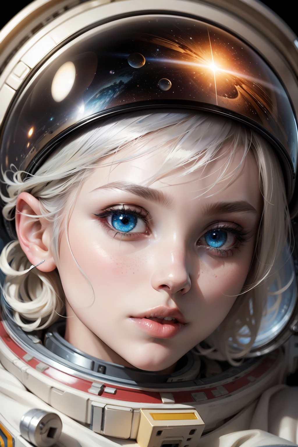 masterpiece, best quality, close-up, space, astronaut, silver hair, yellow eyes, messy hair, space helmet,colorful stars, radiant light, heterochromia, big lips, blue eyes