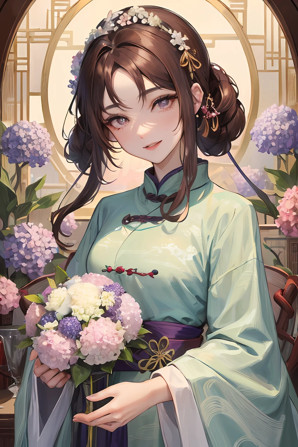 Masterpiece, best quality, night, full moon, 1 girl, mature woman, Chinese style, ancient China, elder sister, imperial sister, smile, brown hair, princess cut, single Fried Dough Twists braid, coiled hair, double ball head, light pink lips, calm, intellectual, middle hair, green pupil, hairpin, hydrangea,