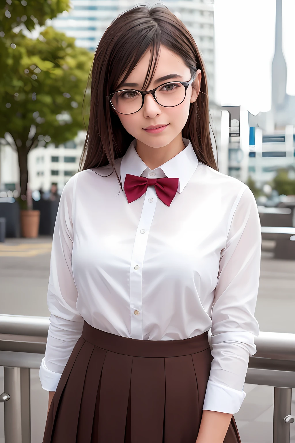 (RAW photo, best quality), (realistic, photo-realistic:1.2), a close up portrait photo,
1girl, shopping mall rooftop cafe, outdoor,
smile, (high detailed skin:1.4),
puffy eyes, gorgeous hair, air bangs, brown black hair,
white opaque shirt with bow tie, pure red pleated skirt,
soft lighting, high quality,((glasses))