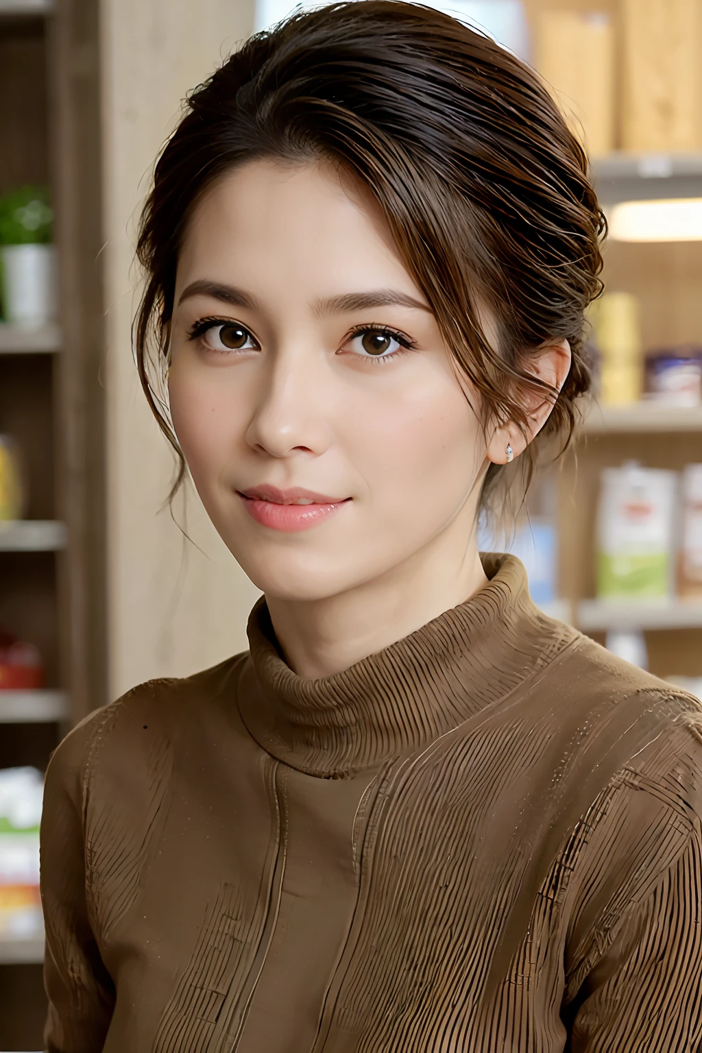 (supermarket:1), afternoon, doctor dressing, light brown fringe short hair, light brown eyes, 1girl, innocent, (photorealistic), (intricate details:1.2),(masterpiece, :1.3),(best quality:1.4), (ultra highres:1.2), ultra high res, (detailed eyes), (detailed facial features), HDR, 8k resolution, (lens flare:0.7), turn around, busy on examine report, face viwer