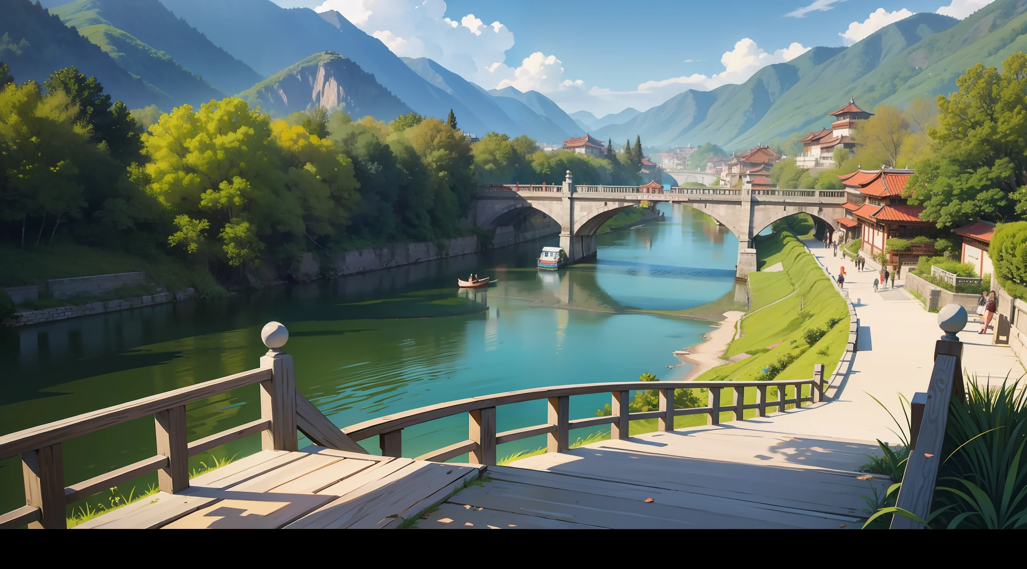 Describe the lively scene in the Tang Dynasty bazaar,Far perspective,There is a small river on the axis of the drawing,(An arched bridge spans both sides of the river),Pedestrians come and go on both sides of the strait,The mountains in the distance have forests,Quaint Chinese architecture,ultra-detailliert,Epic communication,Huge painting,HighestQuali,Supersaturation,There is a path up the hill,32 --v 6