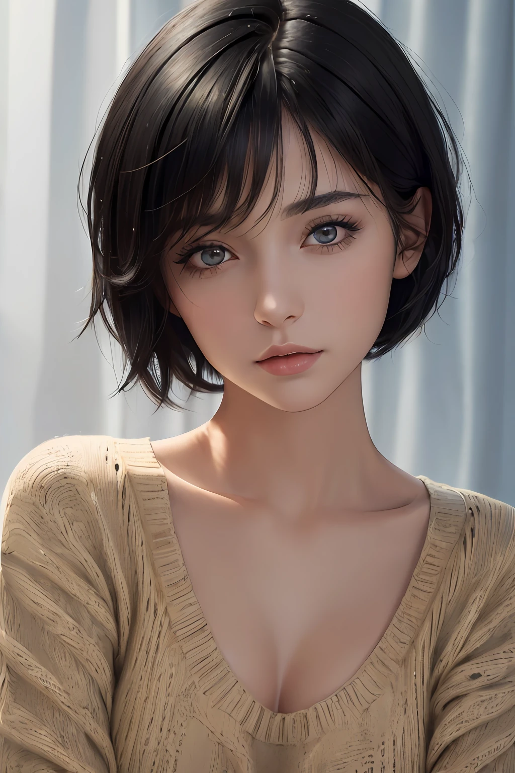 (masterpiece:1.3), (8k, photorealistic, RAW photo, best quality: 1.4), (1girl), beautiful face, (realistic face), (black hair, short hair:1.3), beautiful hairstyle, realistic eyes, beautiful detailed eyes, (realistic skin), beautiful skin, (sweater), absurdres, attractive, ultra high res, ultra realistic, highly detailed, golden ratio