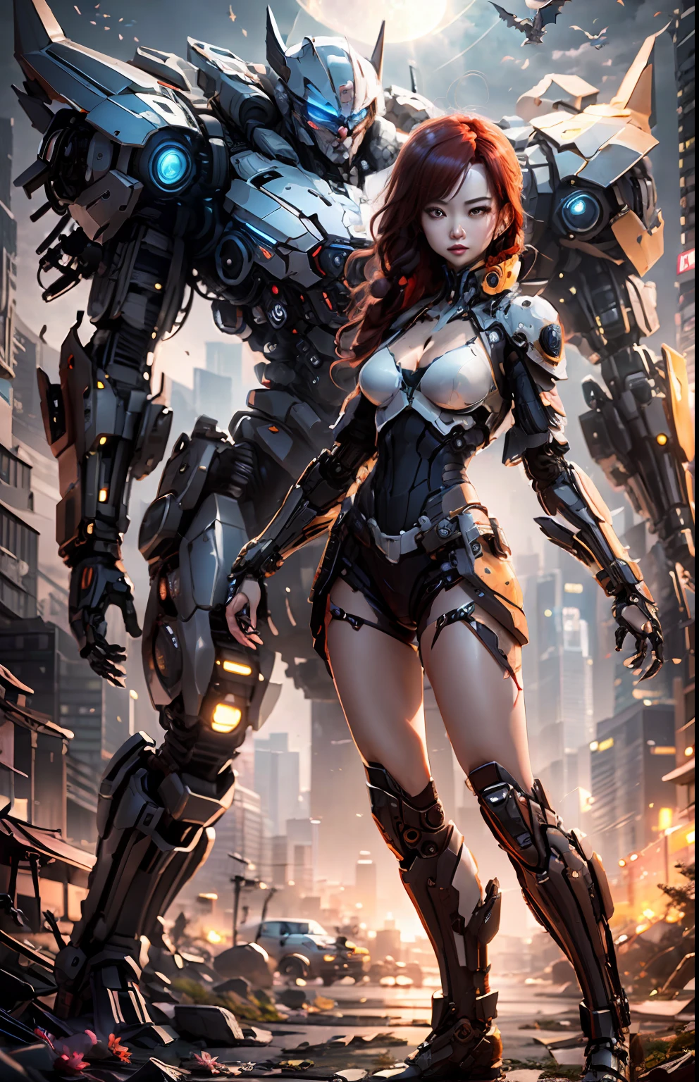 (Best Quality)), ((Masterpiece)), (Very Detailed: 1.3), 3D, Beautiful cyberpunk woman, batman cosplay, sci-fi technology, HDR (High Dynamic Range), ray tracing, nvidia RTX, super resolution, unreal 5, subsurface scattering, PBR texture, post-processing, anisotropic filtering, depth of field, maximum sharpness and sharpness, multi-layer texture, specular and albedo mapping, surface shading, accurate simulation of light-material interactions, perfect proportions, octane rendering, duotone lighting, low ISO, white balance, rule of thirds, wide aperture, 8K RAW, high efficiency subpixels, subpixel convolution, light particles, light scattering, Tyndall effect, very sexy bikini, full body, battle pose, red hair with braids, bats in the sky notuno, full moon,