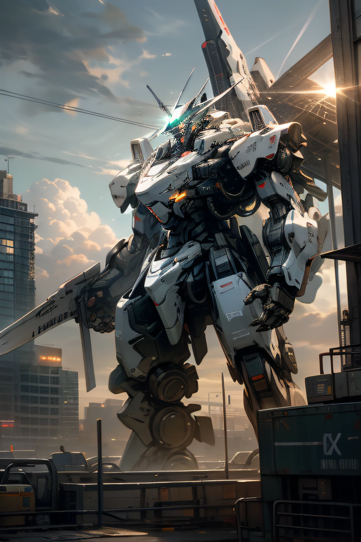 sky, cloud, holding_weapon, no_humans, glowing, , robot, building, glowing_eyes, mecha, science_fiction, city, realistic,mecha