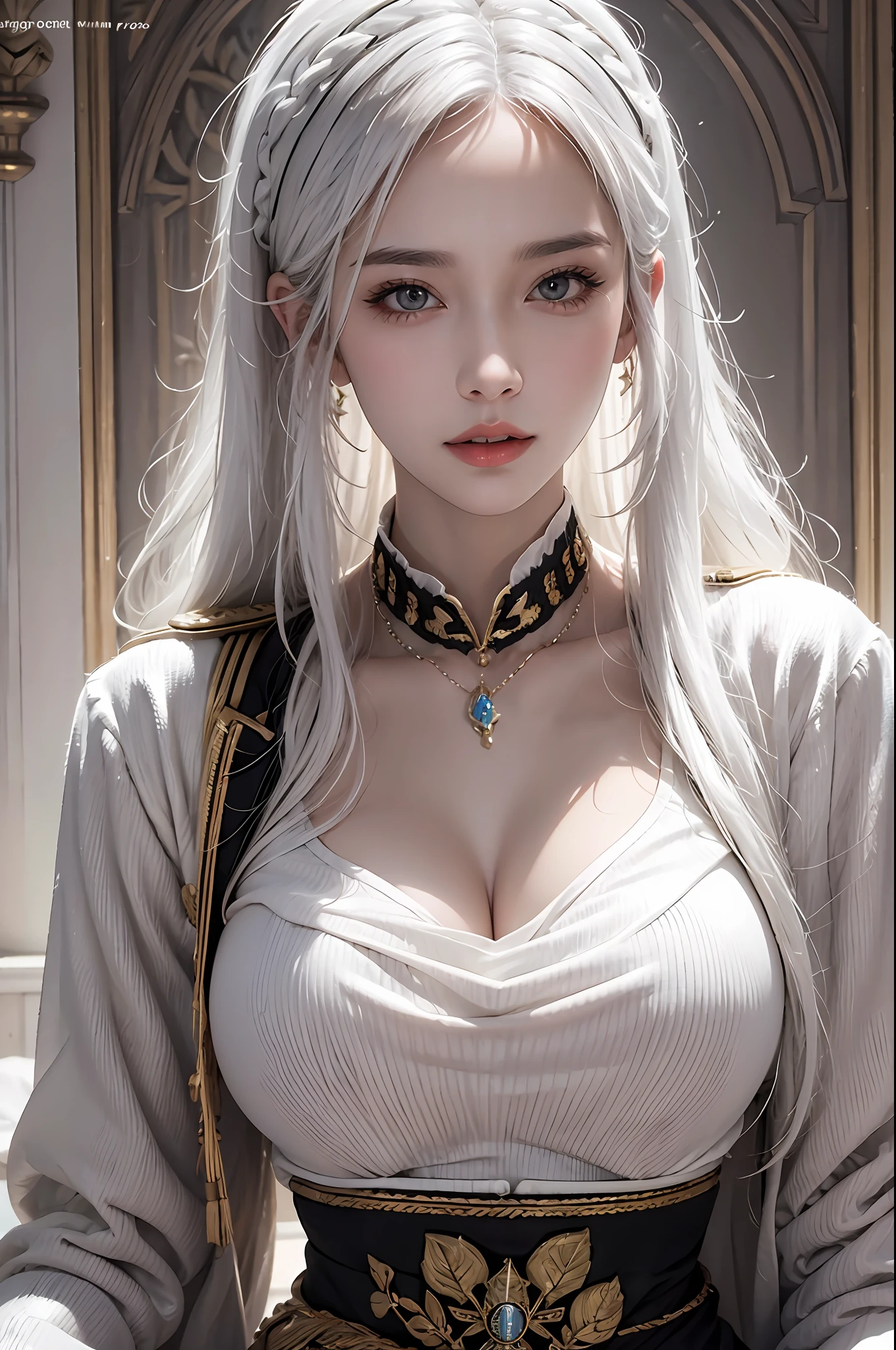 photorealistic, high resolution, soft lights, 1women, solo, hips up, look at viewer, (detailed face), white hair, long hair, military uniform, jewelry