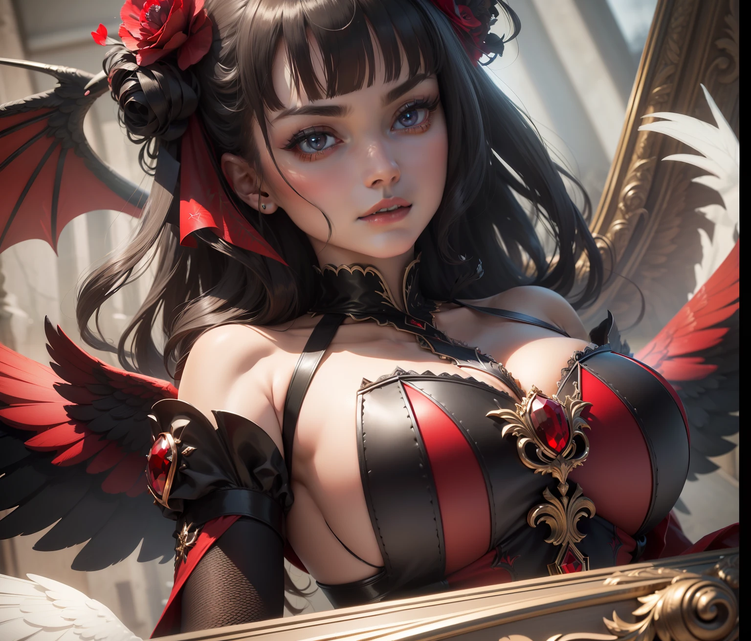 (((8k hoch detaillierte Details))), best possible quality, Meisterwerk, Beautiful elegant demon angel with majestic wings and a stunning black and red dress, imposante Krone