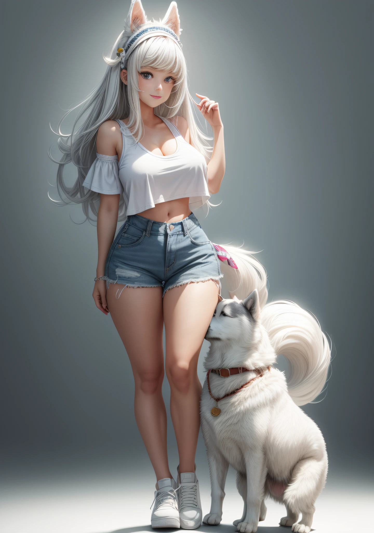 White gradient background,(in a panoramic view:1.2,full bodyesbian:1.2),1个Giant Breast Girl,There is a husky dog next to it,anatomy correct,denim short,small vest,short blouse,smallunderboob,Dog-shaped headdress,long whitr hair,ssmile,The clothes are printed with a dog motif,White shoes,perfectly proportions,extremelydetailedface,(Best quality at best,high detal,tmasterpiece,offcial art,movie light effect,4K)