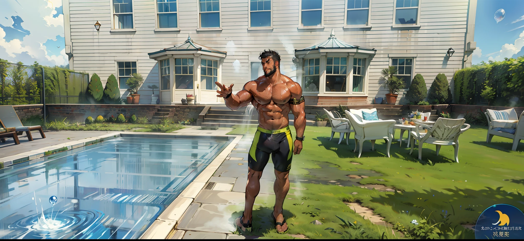 Men only, sexy, sensual, space filled with hot air and steam, dark brightness, midsummer daytime, luxury resort hotel pool, playboy bunny, black leather rabbit ears, white cuffs on wrists, black bow tie, bunny boy, mega muscle, hyper muscle, masculine appearance, mature male, handsome, underwear only, shirtless, no pants, beautiful muscles, complex and elegant, Highly detailed digital painting, anime style art, art station, concept art, highest quality, masterpiece, ultra high definition, detailed background, realistic figure, muscular man, beard, muscle, facial hair, volumetric lighting, depth of field, smooth and sharp focus, illustration, art, string latex bikini, string latex bikini for men, string bikini for menstrings, butt digging, facial hair, trimmed hair, muscles, navel, muscles, male, gay, hypermuscle, male focus, muscle male, yaoi, muscle, buttocks, pectoral muscles, large pectoral muscles, thick quadriceps, thighs, wet body, heat and steam emanating from the body, sweating, drenched, crotch, big back, turning around, showing back, showing ass, upper class, Bunny Boy Waiter, Glossy Oiled Skin, Glittering Oiled Skin, Tanned Skin, Bubble Ass, , Muscular Anime Man, Gigachado Muscles, Muscle!, High Resolution Commission, Beef Cake Pose, Muscular!, Super Buffy and Cool, Muscular!, Fluffy Breasts, Muscular!, Best Rated on pixiv, Big Biceps, Squats, Low Angle, Looking up from the crotch, super low angle, super buff and cool, SFW version, POV, face sitting, squatting ass worship, face sitting squatting strings, squatting exercise hands behind the head, ass alignment, lots of ass, multiple ass ass. Multiple guys, gaze focused on buttocks,